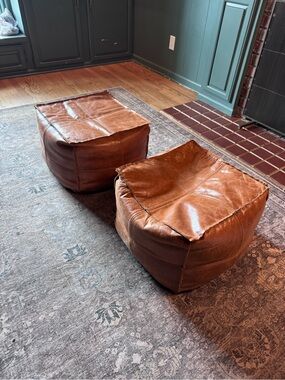 CB2 Cognac Leather Pouf Ottoman Pair
